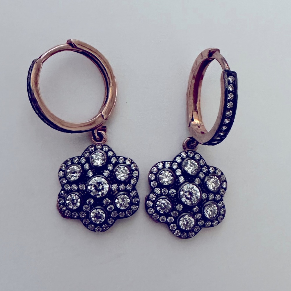 925 Silver round hoop zirconia cz stones hoop earrings 14k rose gold plated - Picture 4 of 5